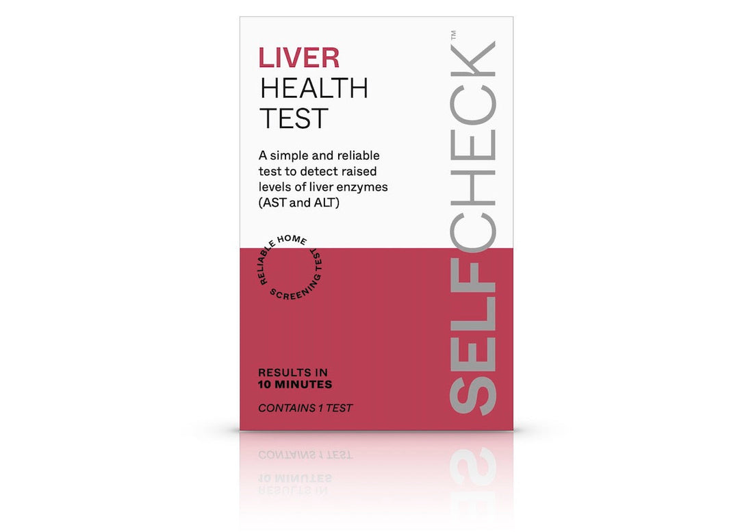 SELFCHECK liver health test kit on glossy white table
