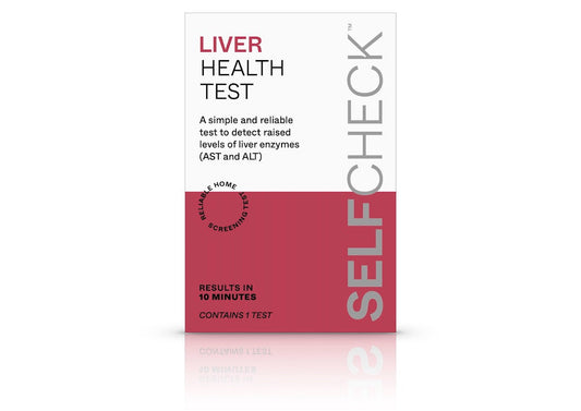 SELFCHECK liver health test kit on glossy white table