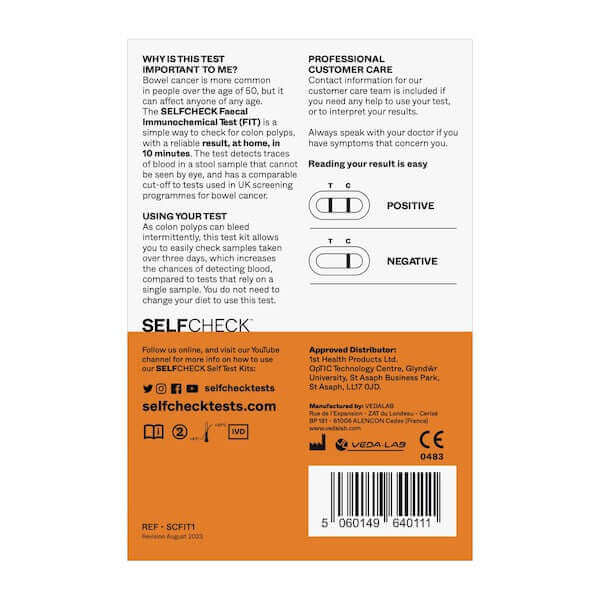 SELFCHECK Faecal Immunochemical Test kit showing back of pack
