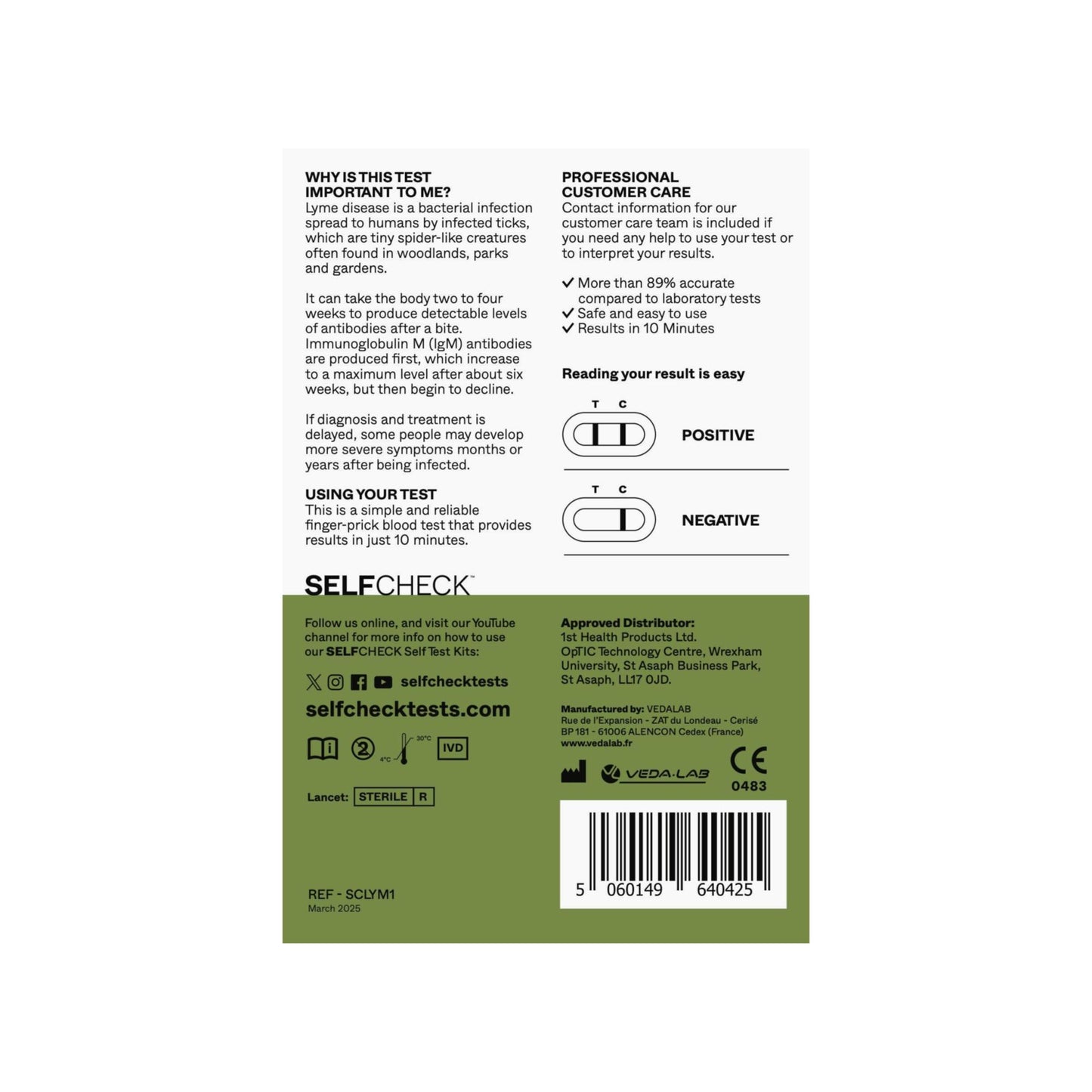 Back of the SELFCHECK Lyme Disease Self-Test Box