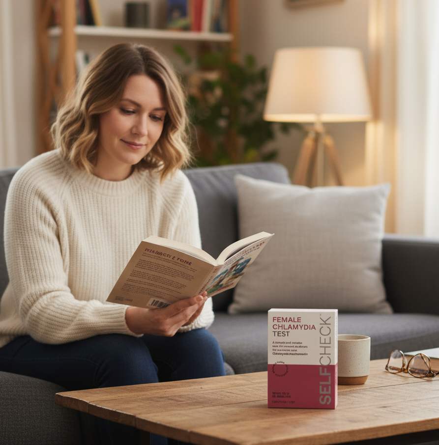 Woman reading a book in a cozy living room with a Selfcheck female chlamydia test kit on the coffee table.