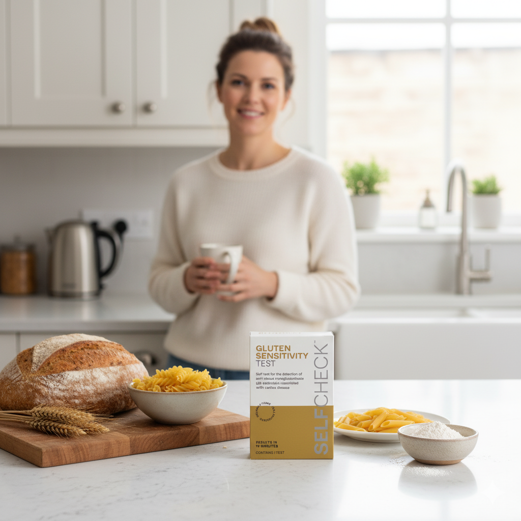 Woman holding a mug in a kitchen with gluten sensitivity (coeliac disease) test kit and gluten containing food items on the counter.