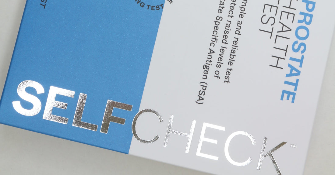 SELFCHECK Prostate Health self-test kit coloured powder blue and white with vertical silver SELFCHECK logo on side of pack