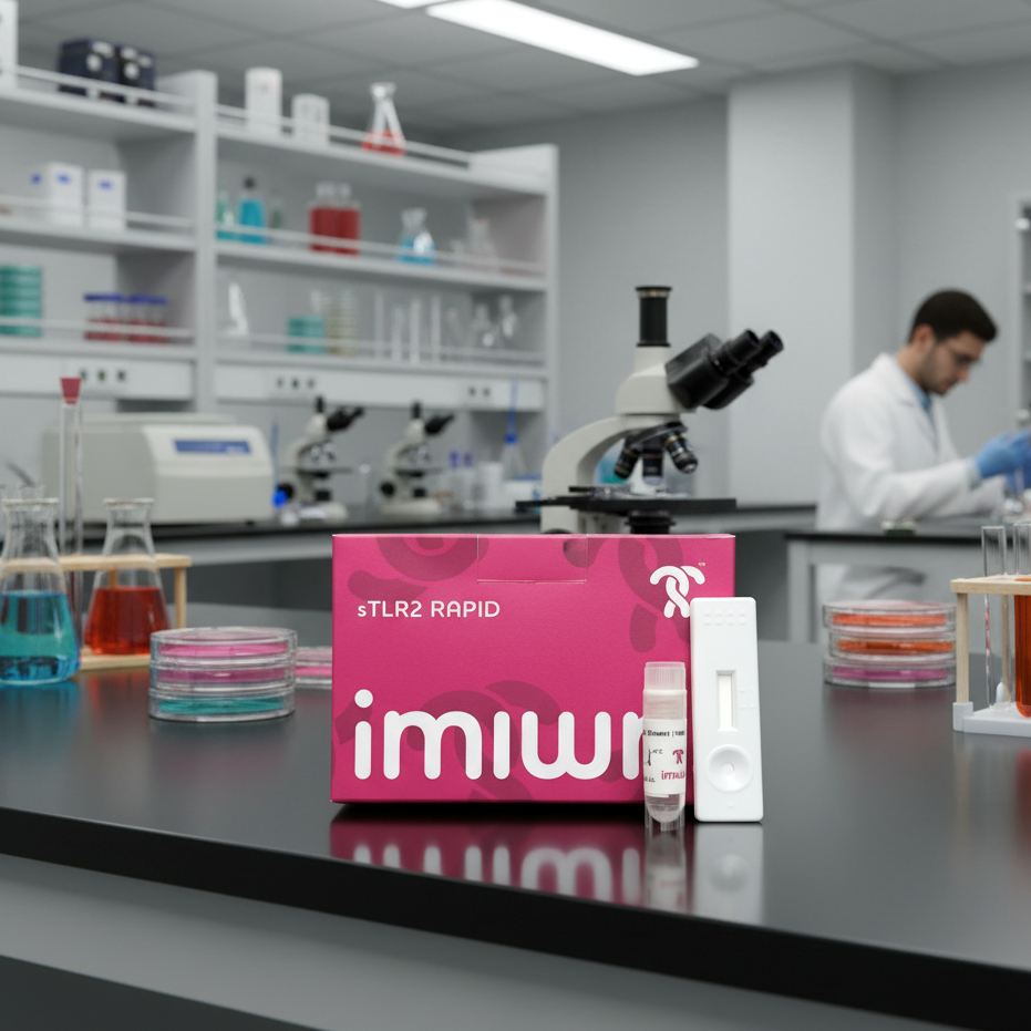 Magenta coloured box containg a new sepsis test called sTLR2 RAPID on a bench in a medical lab setting