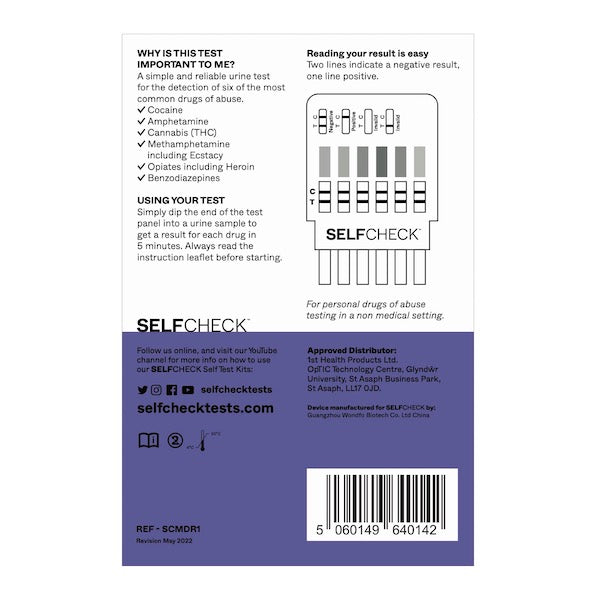 SELFCHECK Mulit-Drug Test Kit Back of Pack