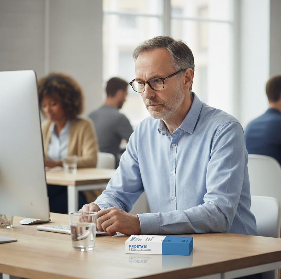 Man sitting at a desk with a computer, looking at a box labeled 'Prostate Health'