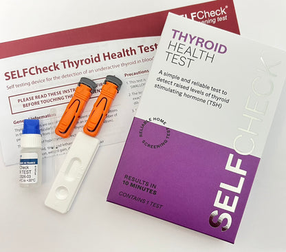 SELFCHECK Thyroid Health Test showing components - lancets, pipette, test device and instruction leaflet