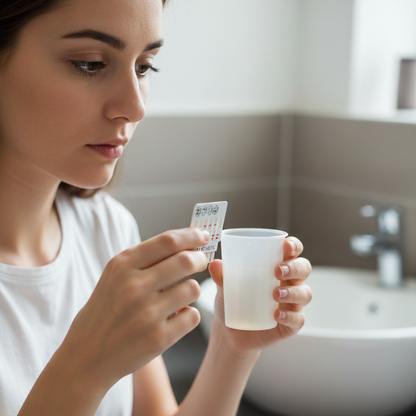 Woman holding a SELFCHECK drug test in a bathroom setting