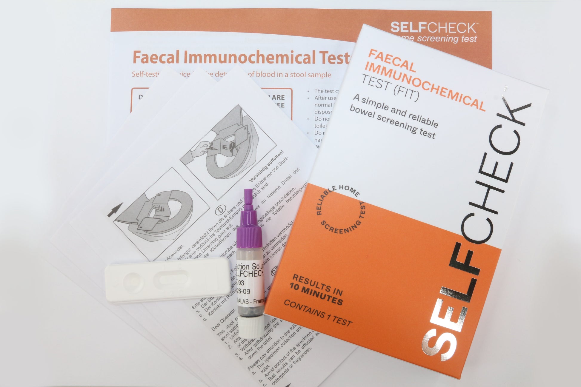 SELFCHECK Faecal Immunochemical Test (FIT) showing kit contents